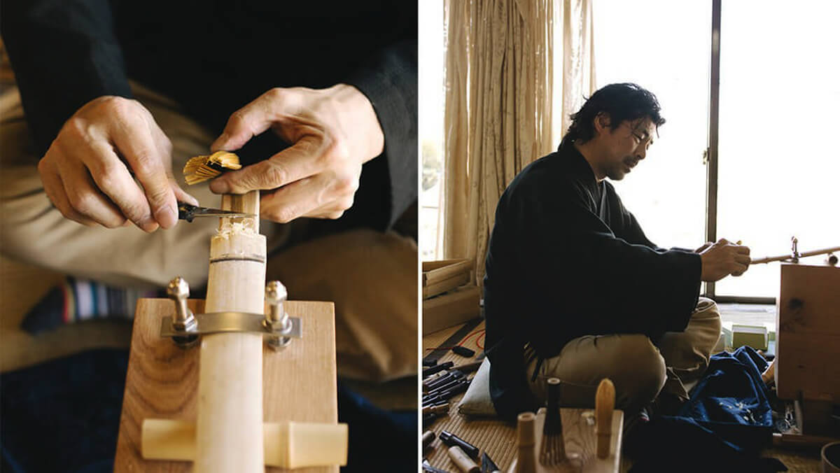 Bambusz ecset készítése kézzel chasen Chasen-készítés: faragás közelről és a mester munka közben a műhelyben