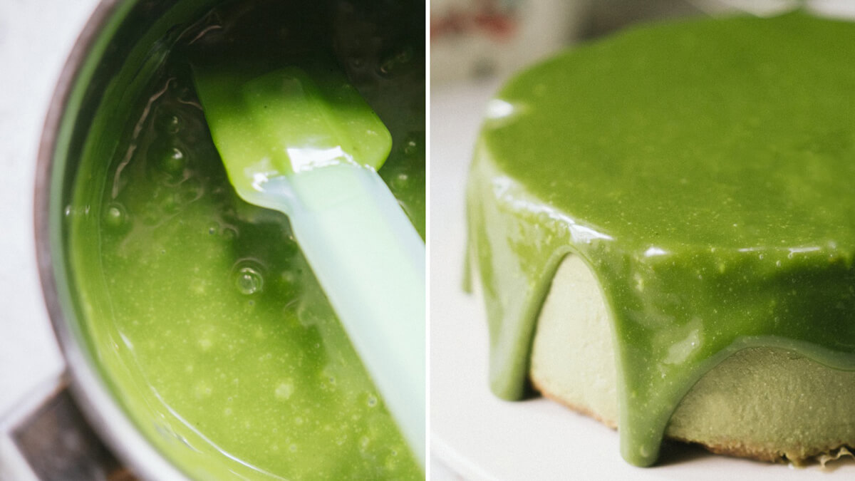 Matcha máz készítése és a sajttorta leöntése: fényes zöld matcha glaze a torta tetején