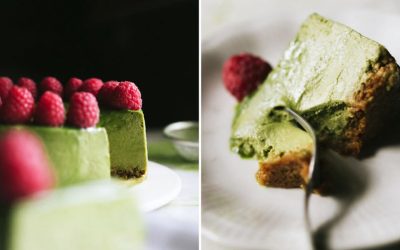 Matcha sajttorta málnával