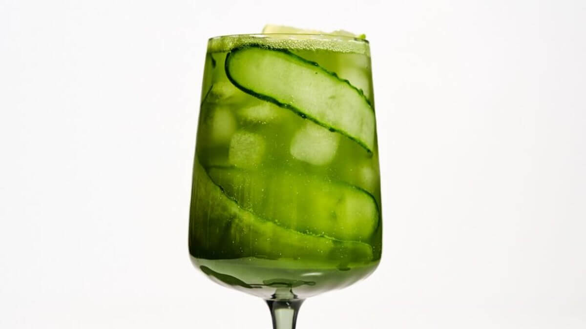 Élénkzöld alkoholmentes matcha koktél talpas pohárban uborkaszalaggal és jégkockákkal